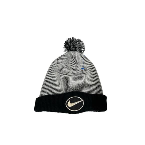 Nike Pom Beanie Winter Knit Hat Black Gray Stripe Embroidered Swoosh Taiwan